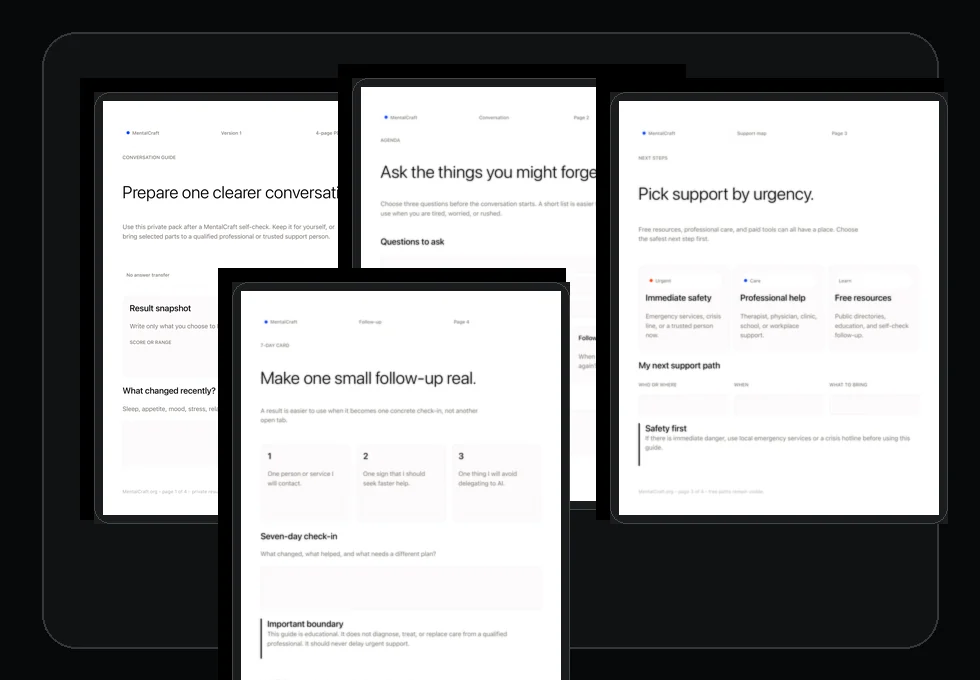 Preview of the MentalCraft printable visual handoff report PDF.